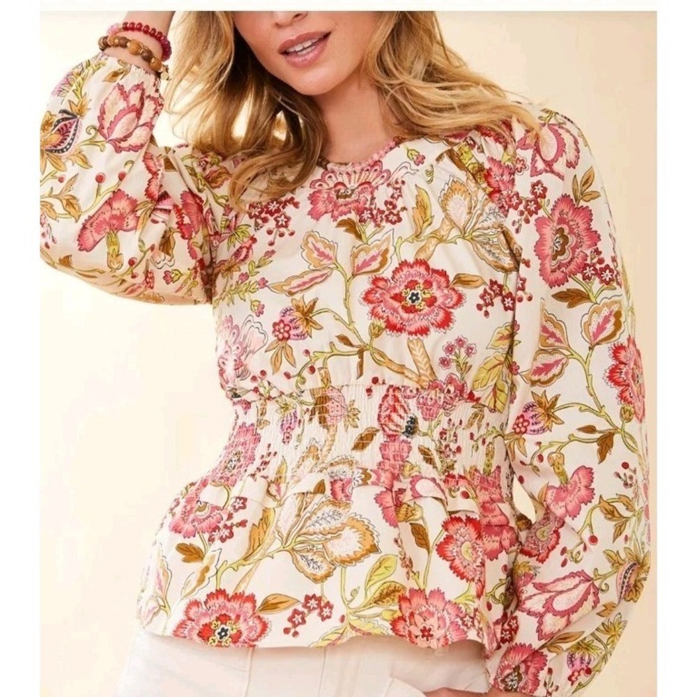 Spartina June Peplum Callawassie Jacobean Peasant Blouse Floral L Cottagecore - Picture 2 of 10